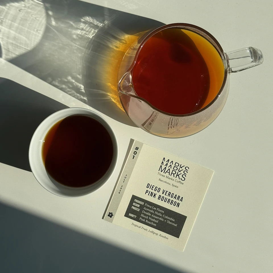 A brewed cup and carafe next to the Three Marks card